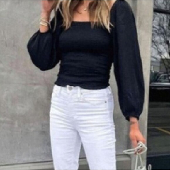 J. Crew Squareneck smocked featherweight satin cropped top in Black - Picture 1 of 7